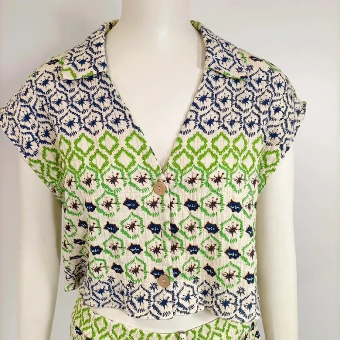 Ensemble ZARA coton imprimé ethnique vert bleu M haut boutonné + short taille cordon A567 - photo numéro 5