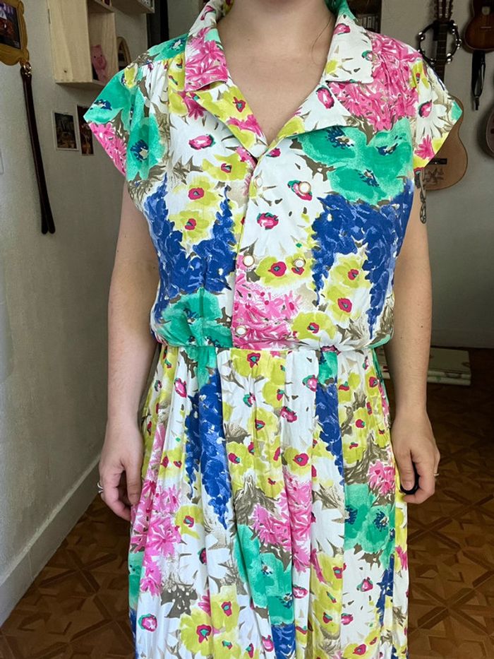 Robe midi à fleurs vintage manches courtes taille unique - photo numéro 4