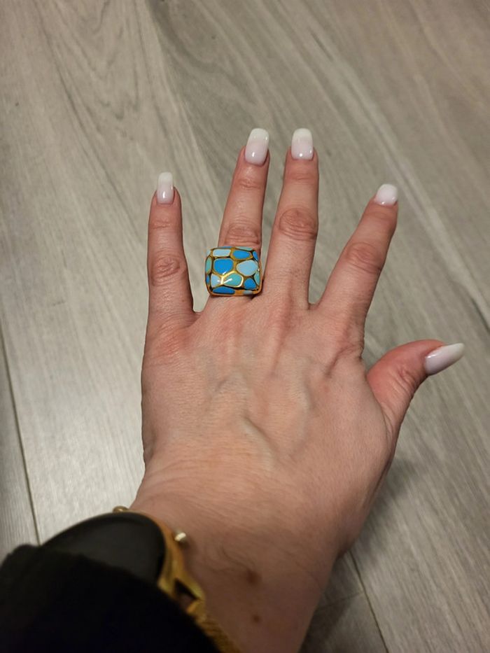 Bague carrée vintage en acier inoxydable à pois bleu azur ajustable - photo numéro 5