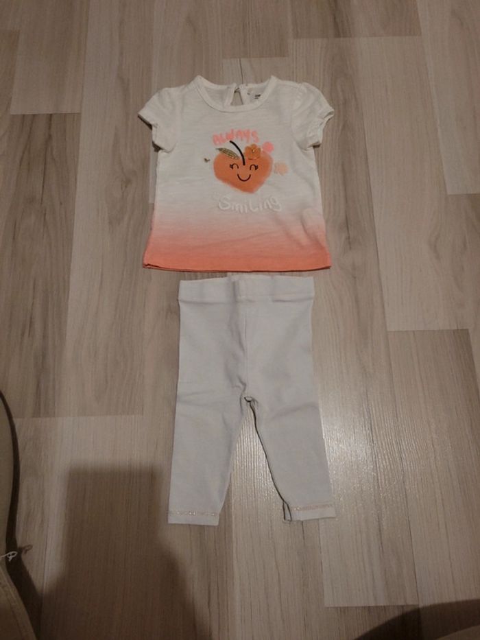 Ensemble 2 pièces bébé fille Tshirt Mc blanc corail legging T3mois TBE orchestra