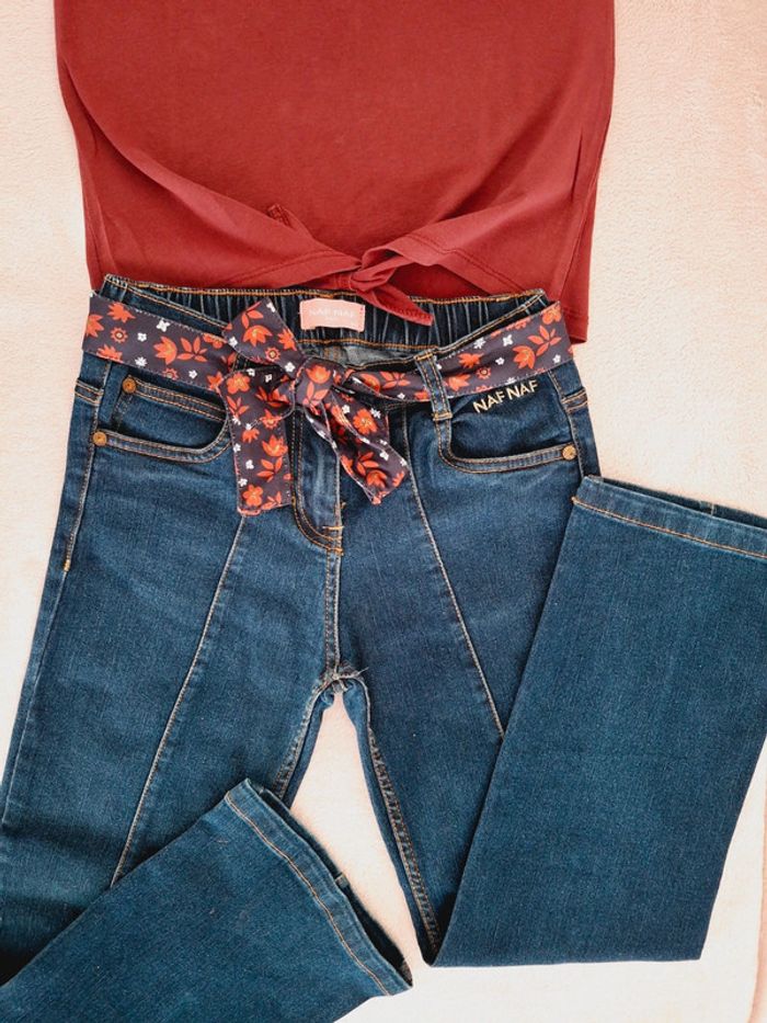 Ensemble Naf Naf 10 ans : jean coupe droite avec ceinture et t-shirt manches courtes bordeaux - photo numéro 2