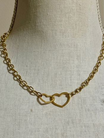 Collier chaîne épaisse réglable 2 cœurs entrelacés acier inoxydable or