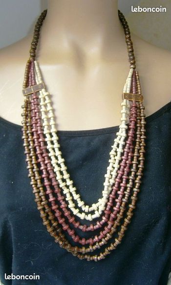 Collier en bois - Plusieurs Rangs - Toutes saisons  Marron beige et acajou  6 rangs 
