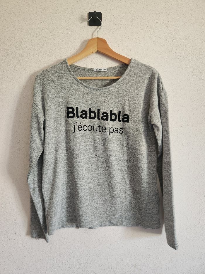 Pull fille 14 ans Gémo – gris chiné – message – très bon état - photo numéro 1