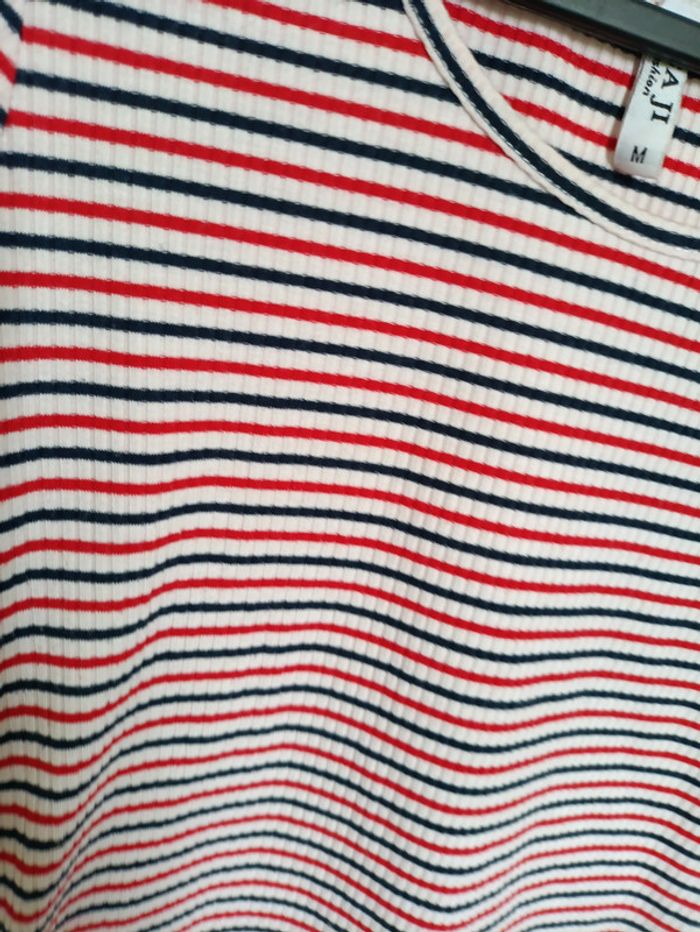 T-shirt côtelé rayé rouge bleu blanc vintage rayures - photo numéro 2