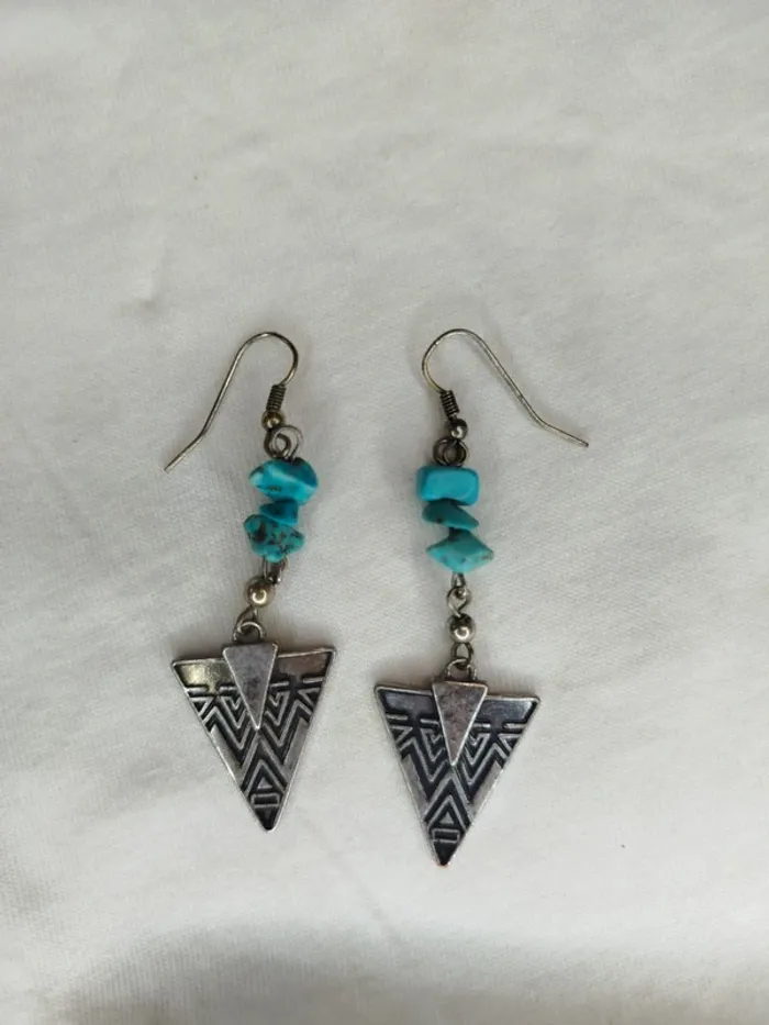 Boucle d'oreille pendantes motifs aztèque - pierre turquoise triangle