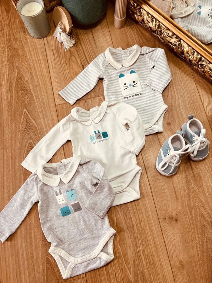 Taille naissance lot de 3 bodies manches longues garçon Obaibi blanc gris 💙 - photo numéro 2
