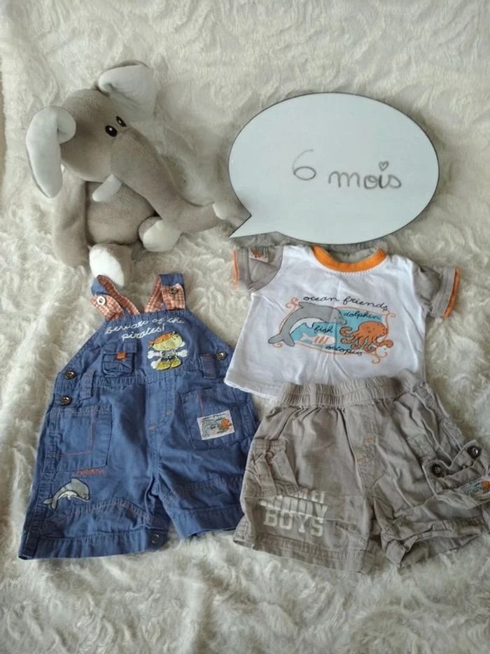 Ensemble (tee shirt+salopette+short) Garçon 6 mois dauphin pieuvre "ocean friends" 100% coton