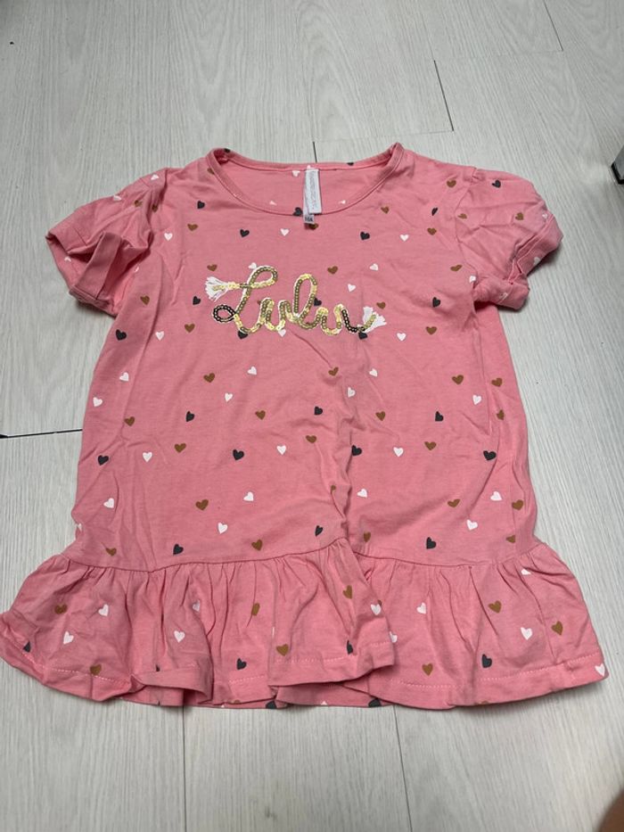 T-shirt rose, motif cœur, Lulu castagnette 10 ans