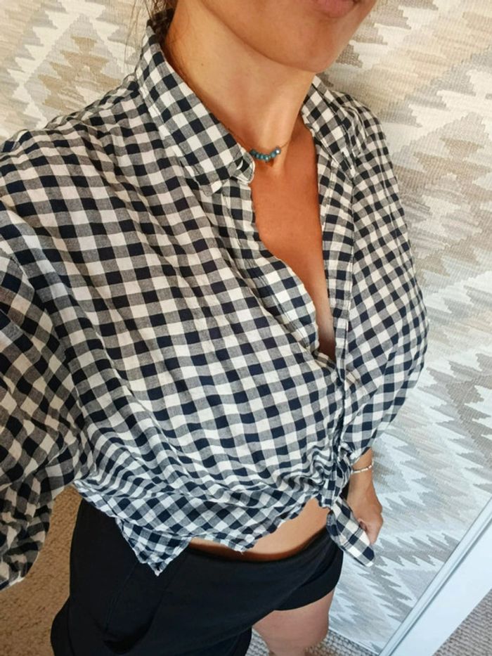 Chemisier court croc top Violeta by Mango L vichy bleu marine à carreaux coton élasthanne - photo numéro 4