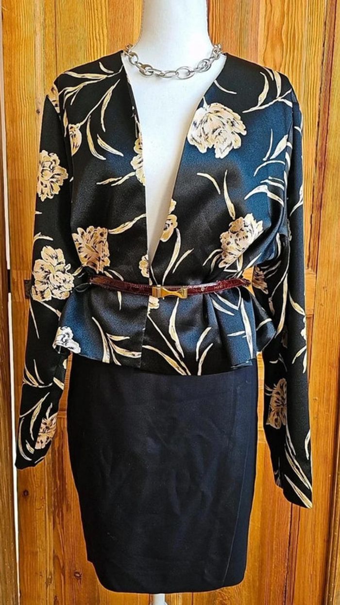 Blazer noir vintage court flower print