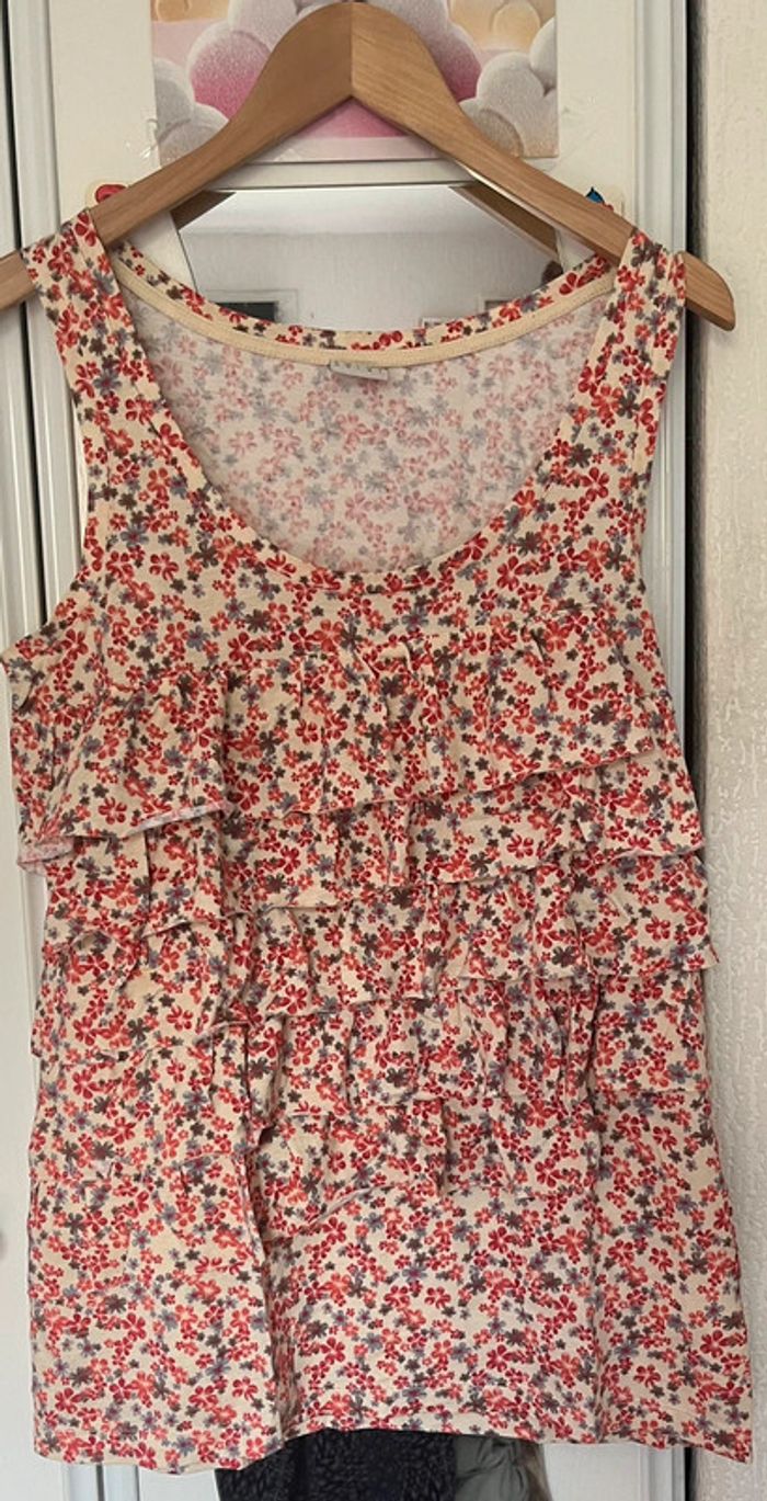 Débardeur crème à volants avec des fleurs ( rouge,bleu, gris), Esprit, L, 100% coton