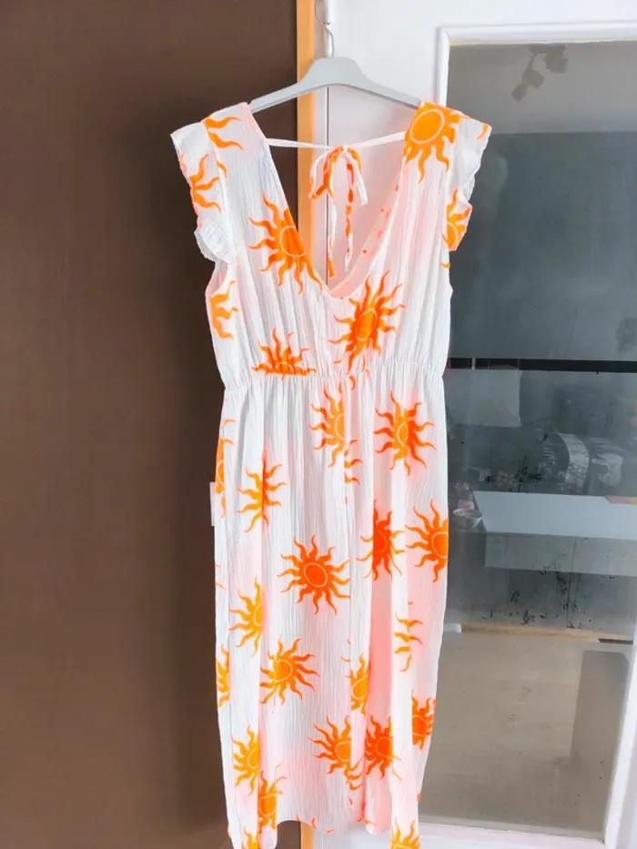 Robe longue été blanche et orange gaz de coton imprimé soleil TU 36 à 42 - photo numéro 6