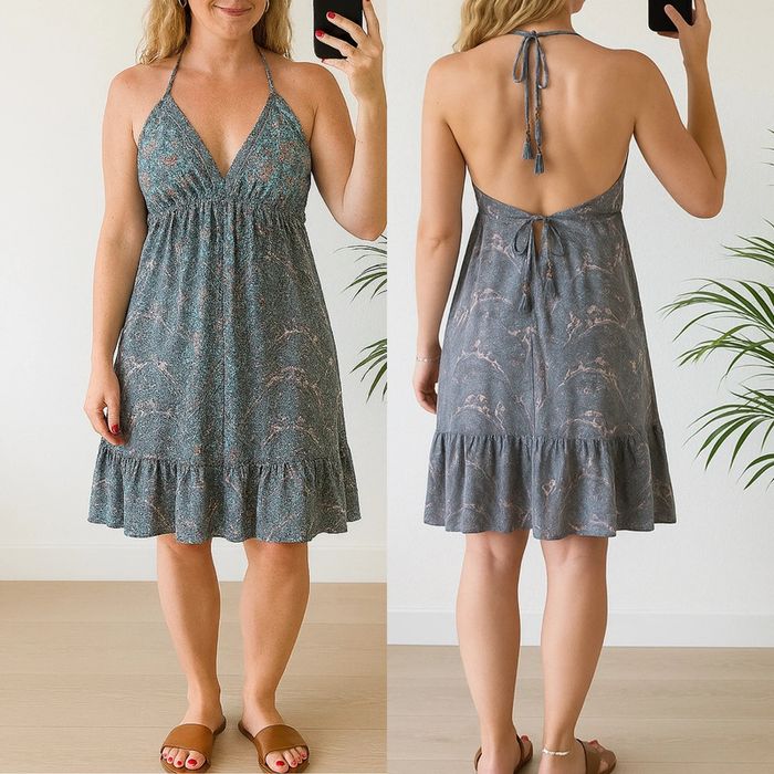 Robe d’été bohème en soie à motifs fleuris rose et bleu dos nu taille U