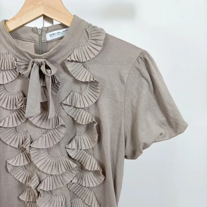 T-shirt taupe col plissé nœud froufrous Zara Collection – taille L A1006 - photo numéro 3