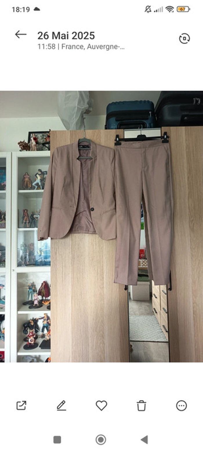 Ensemble tailleur veste et pantalon beige maronné taupe neuf Zara - Taille XS 34