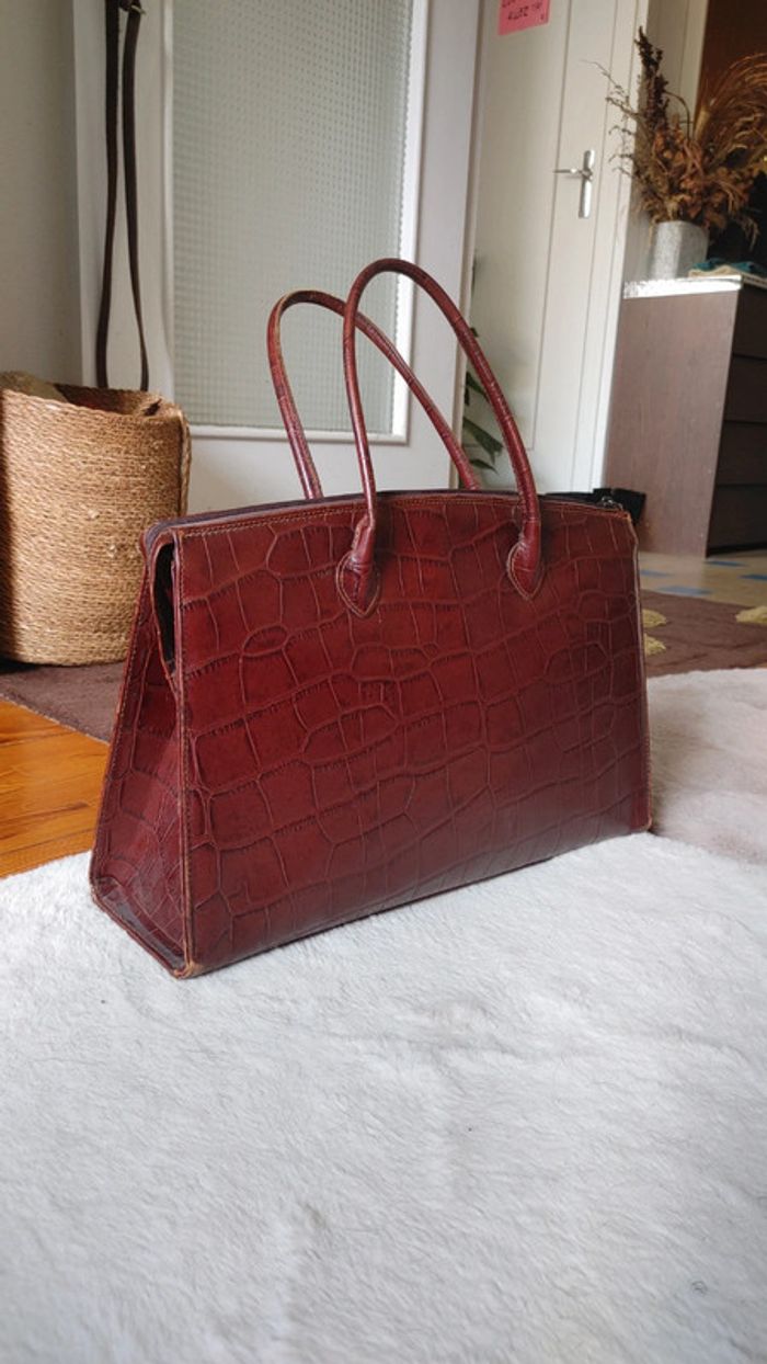 Sac à main en cuir véritable vintage motif exotique crocodile marron tirant sur le rouge - photo numéro 3
