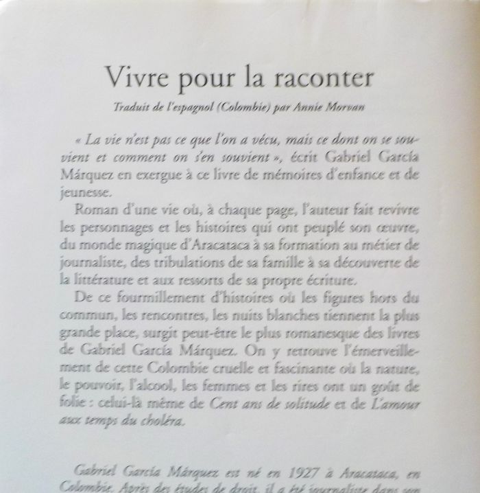 VIVRE POUR LA RACONTER par Gabriel GARCIA MARQUEZ Ed. Grasset - photo numéro 2