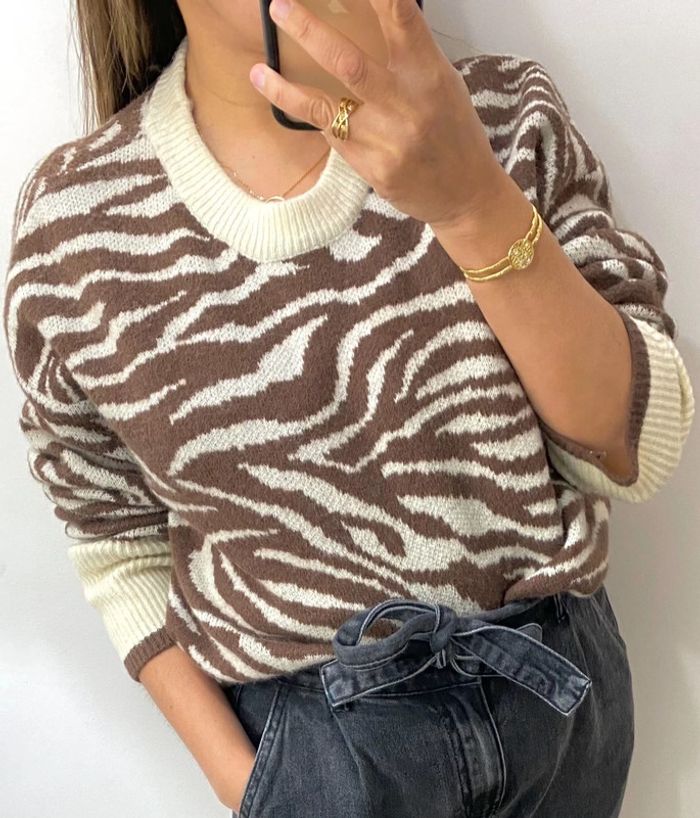 Superbe Pull Oversize Zebré Crème Et Marron Taille Unique