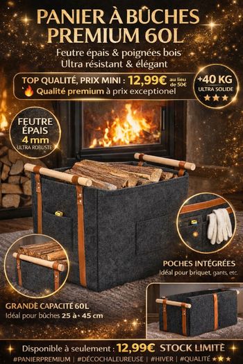 Panier à bûches en feutre 60L 🪵 – Ultra résistant & design – POIGNÉES BOIS PREMIUM – PRIX CHOC !