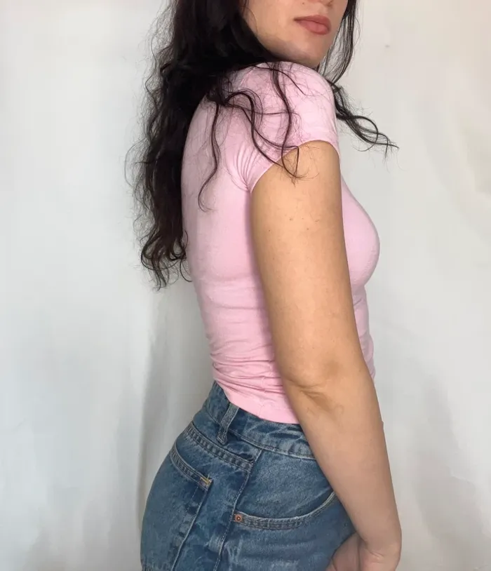 Baby tee manches courtes rose bonbon rose clair moulant élastique taille xs - photo numéro 2