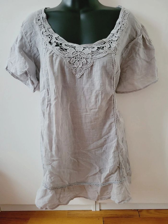 Haut Top tee shirt gris dentelle L /40 /12 coton coquette - photo numéro 2