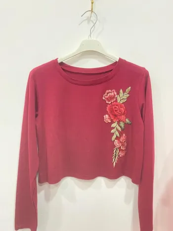 T-shirt manches longues rose brodée