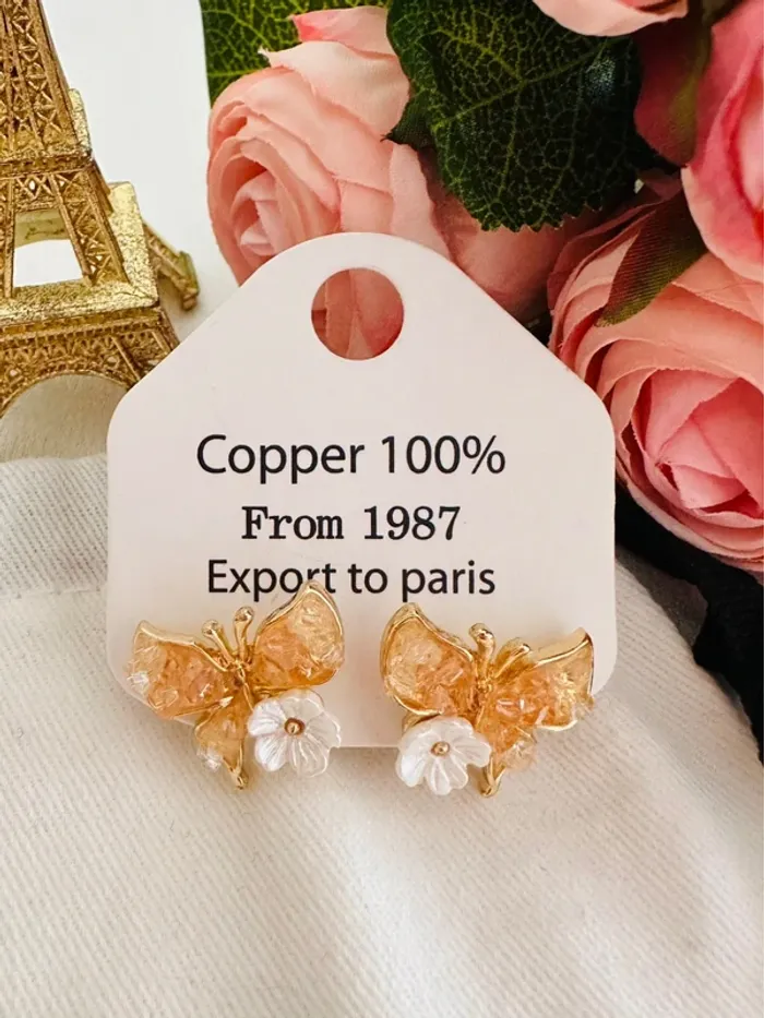 🦋Boucles d’oreilles papillons & fleurs – pierre orange, fait main, haute qualité