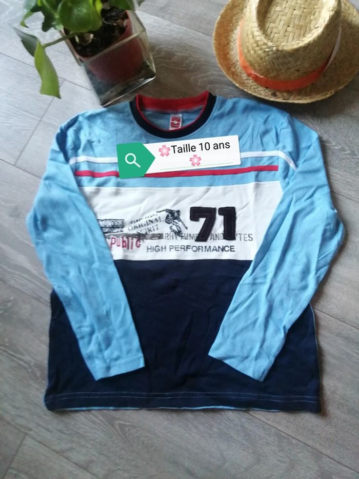🌸Tee-shirt manches longues bleu /blanc Taille 10 ans Neuf 🌸