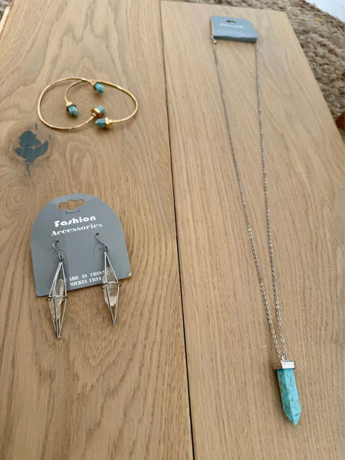 Collier sautoir gris strass boucle d’oreilles Ketting Halskette Necklace Collar Colar Collana bijoux - photo numéro 3