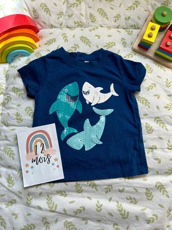 teeshirt manches courtes bleu poissons paillettes 12 mois