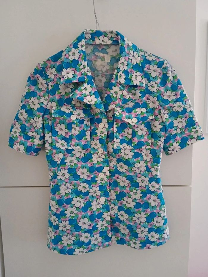 Magnifique Ensemble vintage 70's bleu fleurs roses /blanches taille 34 - photo numéro 7
