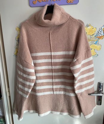 Pull à col roulé marron/beige à rayures blanches, taille unique, marque Drôle de Copine
