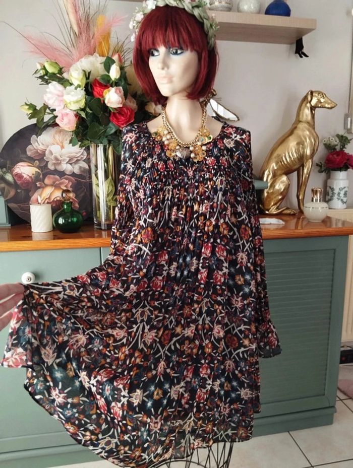 💞Robe Plissée Fleurie Monoprix T34-36/XS💞