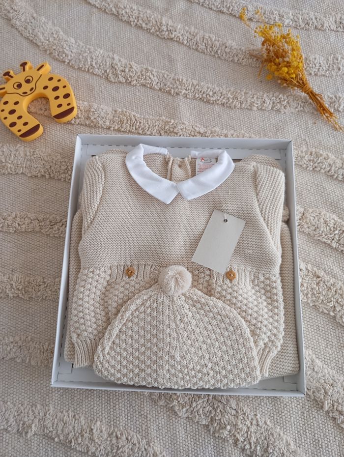 Ensemble bébé beige bonnet pompon - photo numéro 4