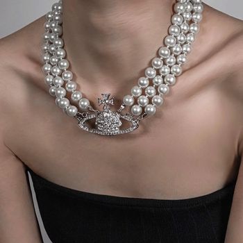 Collier perles 3 rangs motif argenté strass