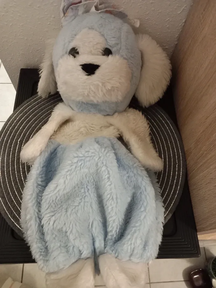 Peluche Range pyjama bleu et blanc avec son bonnet 50cm vintage marque Gede France - photo numéro 6