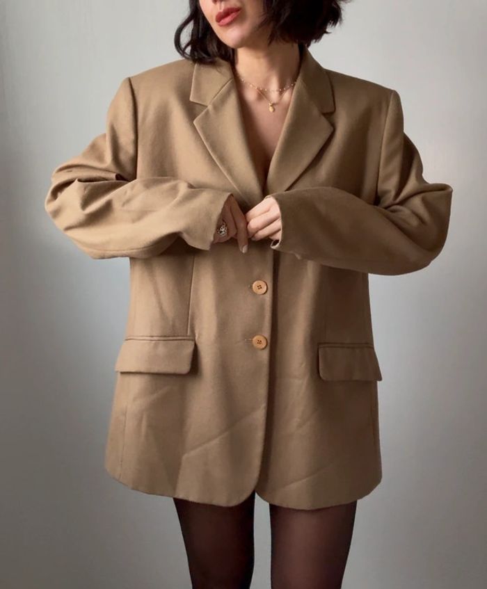 Veste de Blazer beige en laine vierge vintage taille 48- parfait état - photo numéro 2