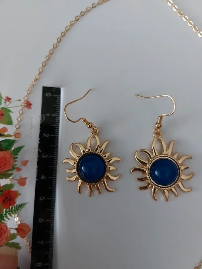 Parure collier et boucles d'oreilles  - soleil bleu - acier inoxydable - tendance bohème 🌊 - photo numéro 5