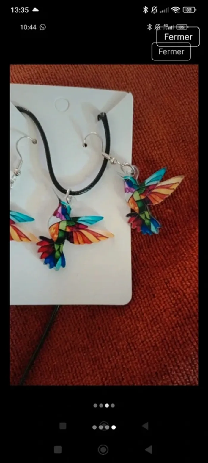 Collier pendentif boucles d'oreilles oiseaux colibris - photo numéro 3
