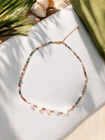 Collier en perles multicolore - cœur blanc nacré - inspiration zag 🌊