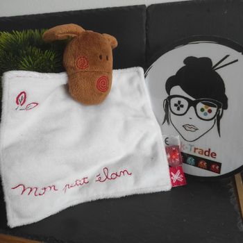 Doudou plat marron blanc Mon Petit Elan cadet Rousselle Rouge Feuille Spirale  #geektradedoudou