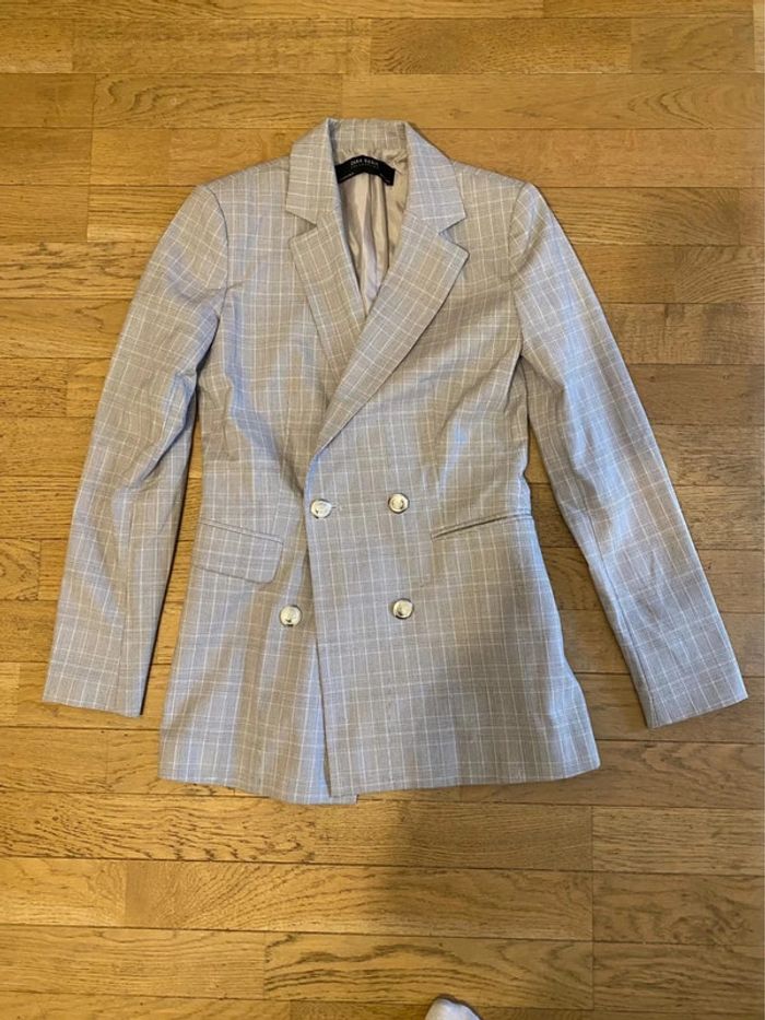 Blazer long cintré gris à carreaux taille 34 - photo numéro 2