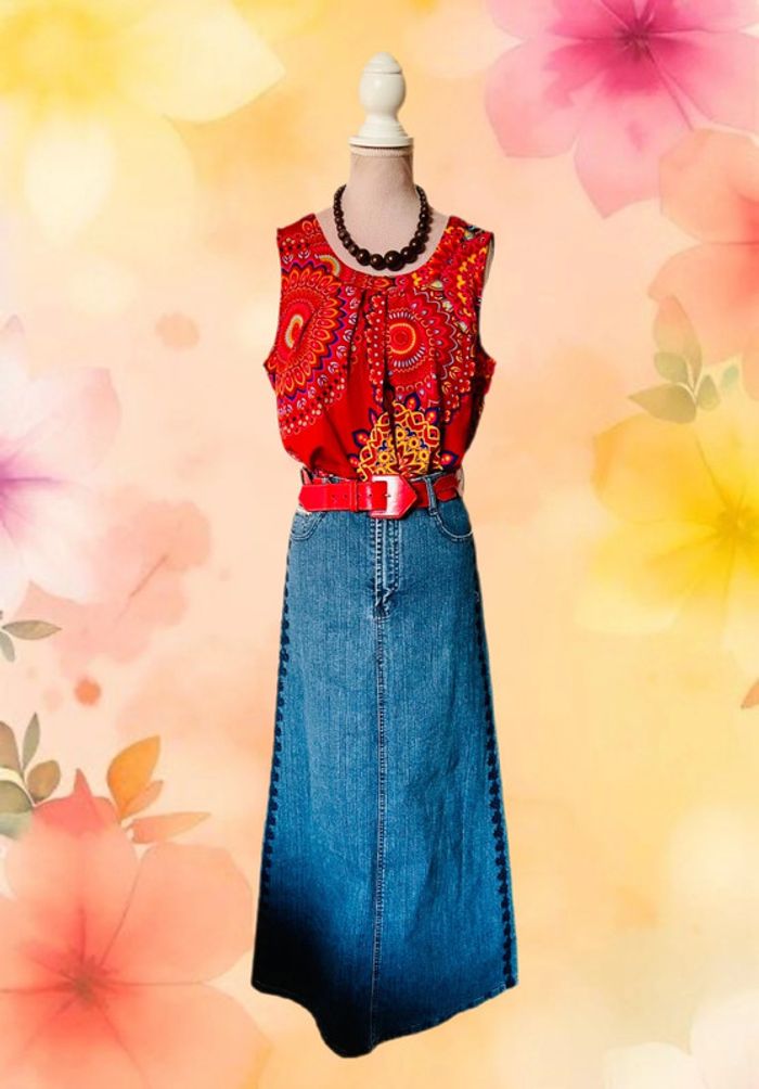 💙🌿Jupe en jean longue brodée bohème vintage 2000 long embroidered denim boho skirt🌿💙 - photo numéro 4