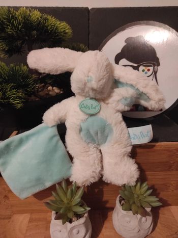 Doudou Peluche Lapin Pantin Baby Nat' DN071 Bleu plat mouchoir #geektradedoudou