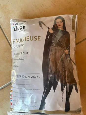 Déguisement, femme, adulte, faucheuse, robe avec chaîne, Cappe manchettes collant taille L