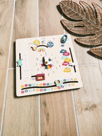 🌞Planche /panneau d'éveil multi activités calendrier perpetuel Météo et temps en bois 