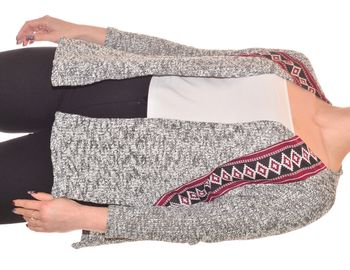 gilet ouvert fluide gris chiné manches longues taille S/M motif bordeaux ethnique