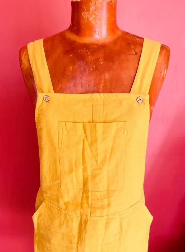 Jolie robe salopette jaune moutarde en coton et lin - photo numéro 3