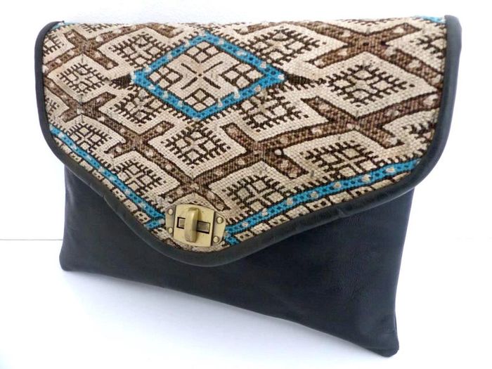 Sac bandoulière NEUF pochette cuir noir pleine fleur tannage naturel & Laine Kilim - Besace ethnique - photo numéro 8